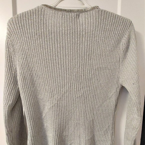 ADRIANNA PAPELL Evening Essentials Silver Metallic Beaded Trim Cardigan Size: M - Picture 2 of 6